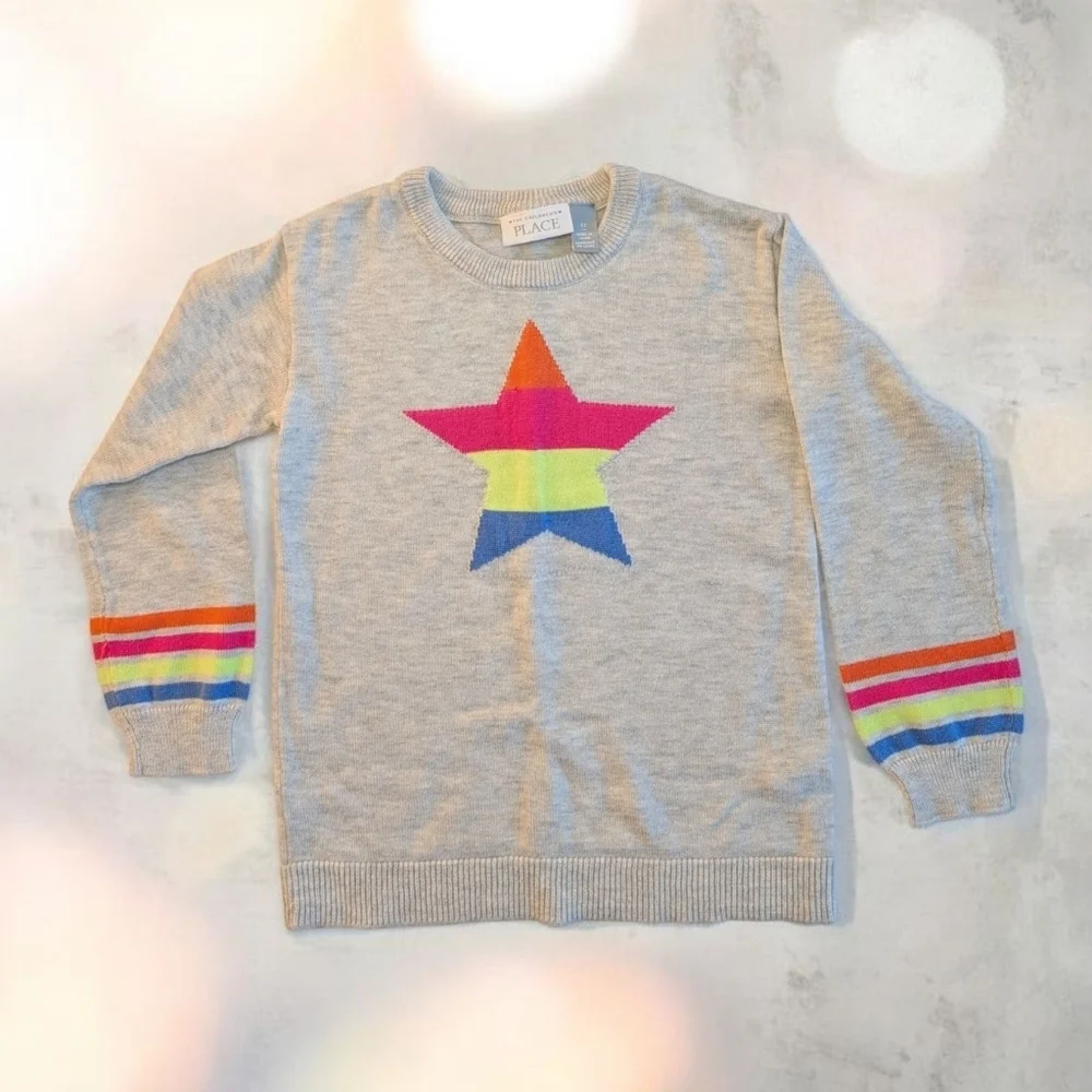 The Children's Place Girls Gray Sweater with Colorful Star Cotton Size 5T